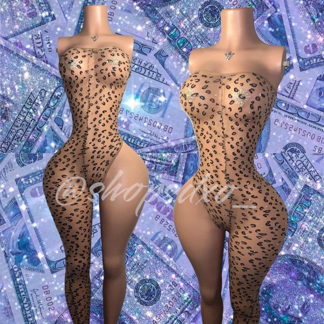 Leopard Asymmetrical Bodystocking Nude Mesh