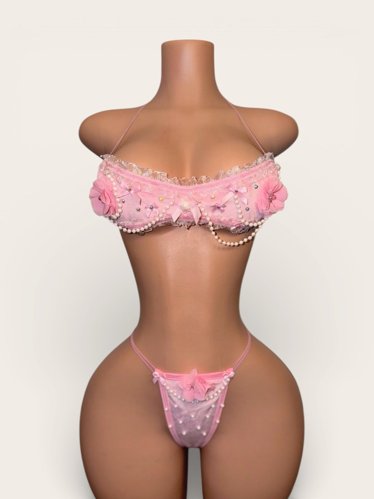 Paris Velour Ruffle Lace Chiffon Rosettes Bandeau Bikini Set