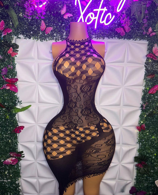Melrose Rose Patch Fishnet Lace Asymmetrical Dress Fits XS-L