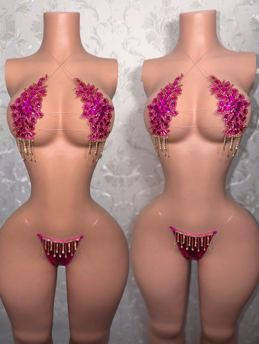 Hot Pink Dripping In Diamonds Crystal Bikini Birthday Set