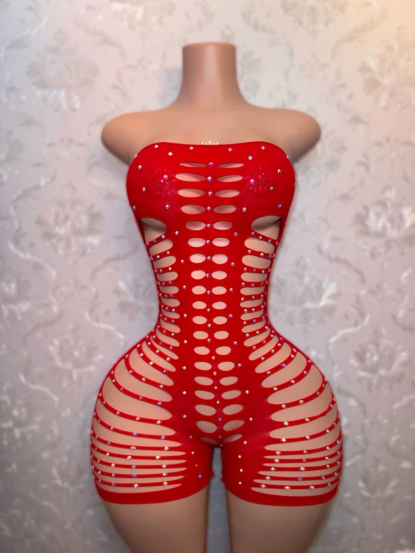 Monique Fishnet Slits Romper Fits XS-L