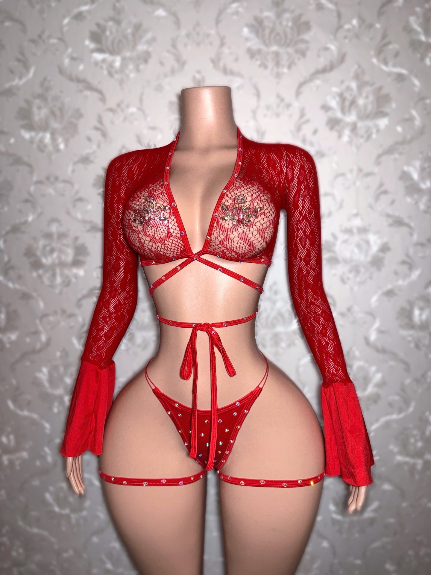 Sweetie Fishnet 3 Piece Bell Sleeve Set with Garters