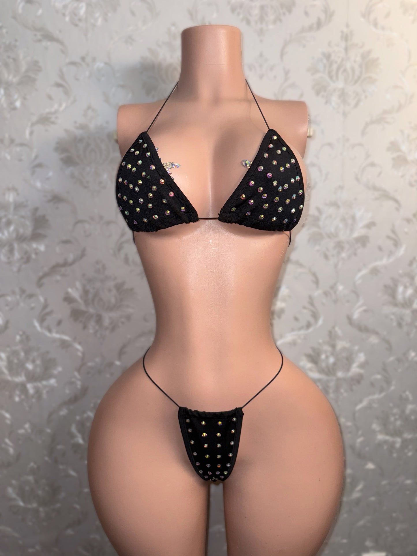Martina — Baddie Basics Rhinestone Triangle Bikini in Black