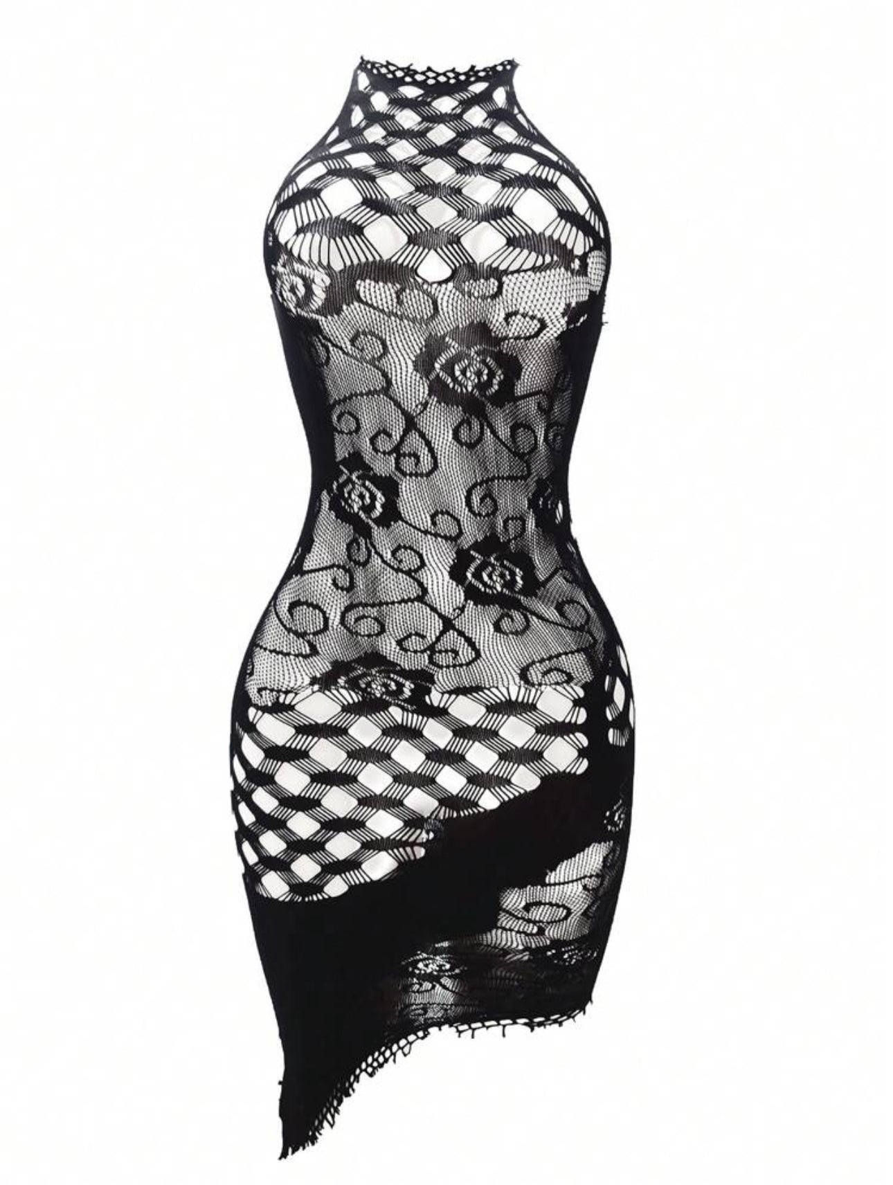 Melrose Rose Patch Fishnet Lace Asymmetrical Dress Fits XS-L