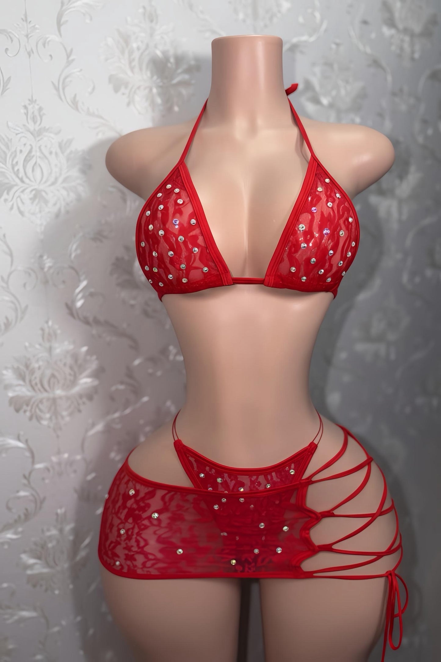 Hot Pink Lace Skirt Set With Rhinestones Fits XS-L