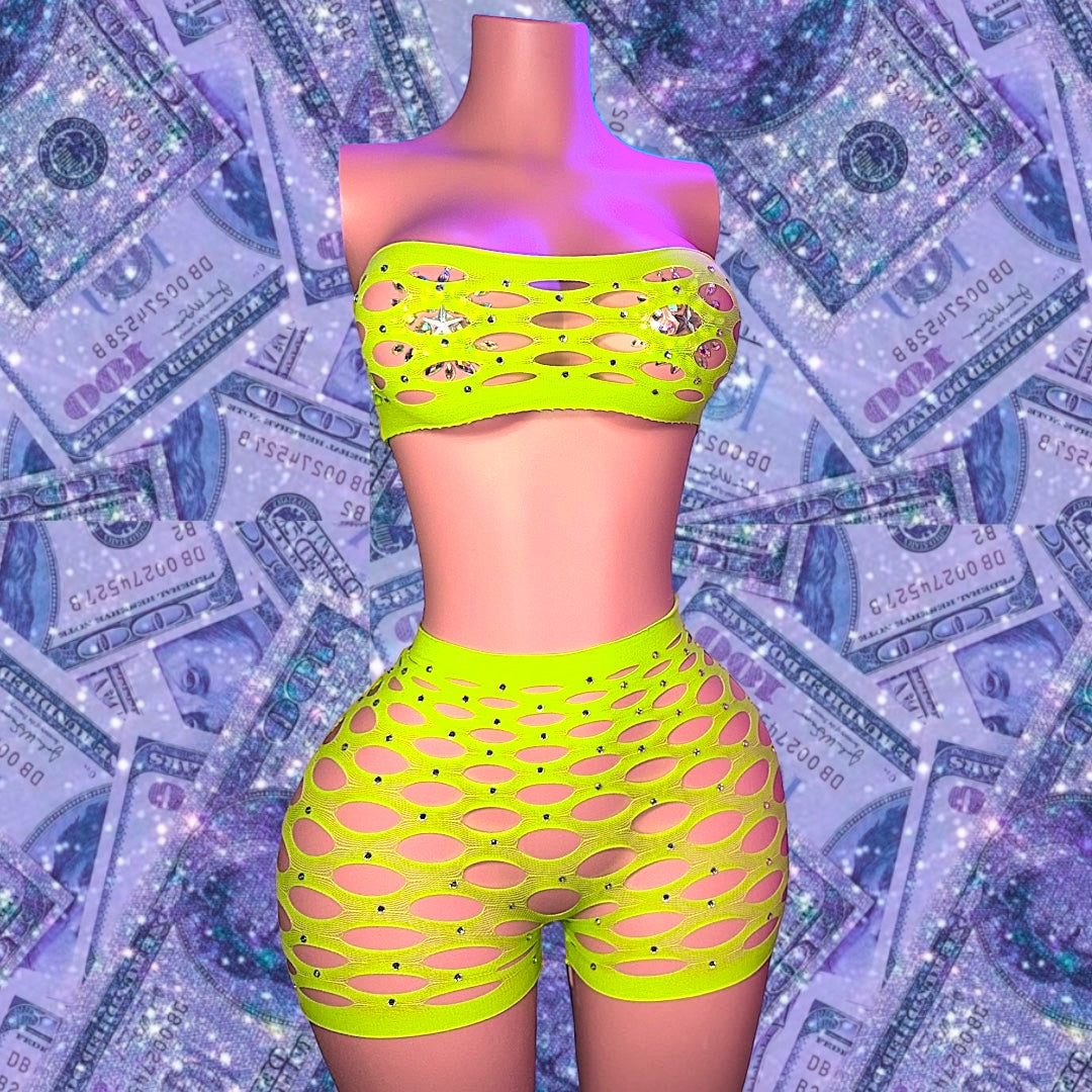 My Type — Rhinestone Fishnet Shorts Set Fits XS-L
