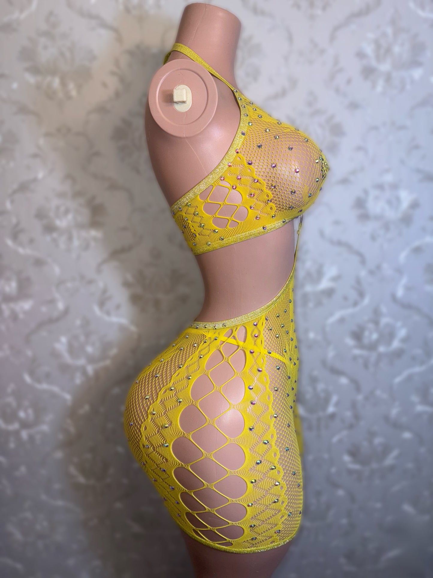 Ice Spice — Hot Pink Lace Fishnet Romper with Thong