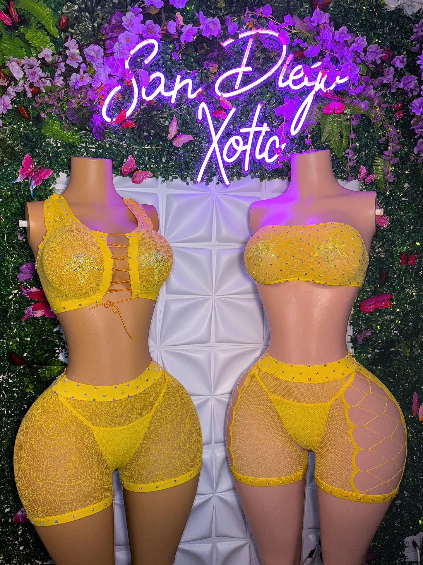 Majesty — Bandeau 3 Piece Stoned Fishnet Shorts Set & Bedazzled Thong Fits XS-L