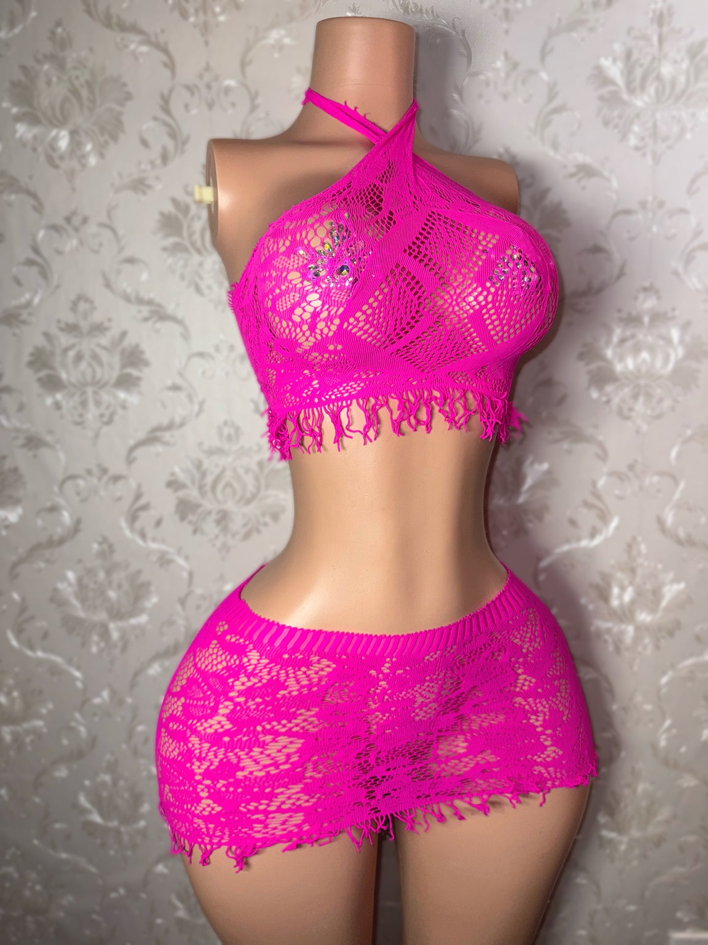 Amber Fringe Fishnet Skirt Set Fits XS-L