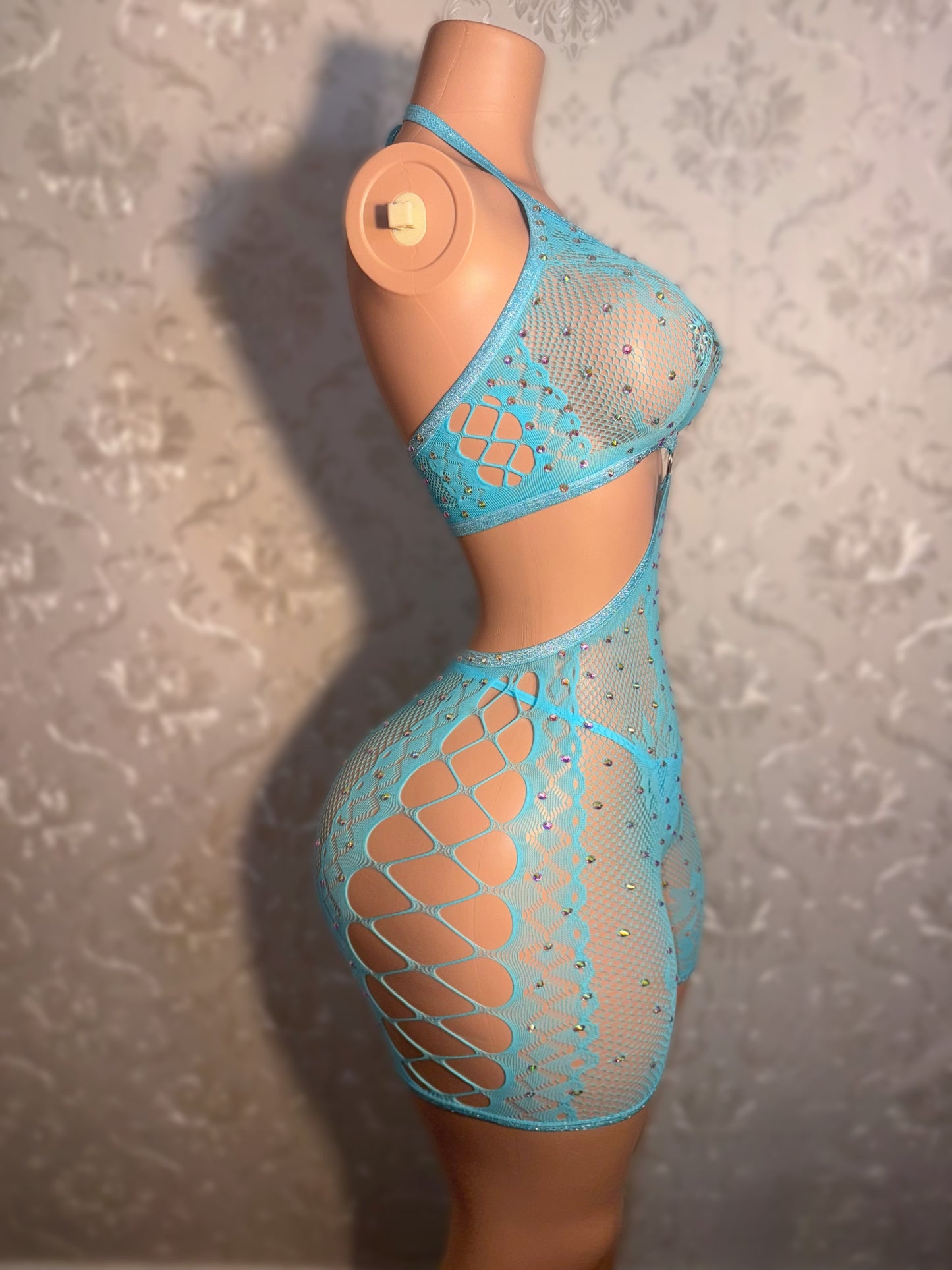 Ice Spice — Hot Pink Lace Fishnet Romper with Thong