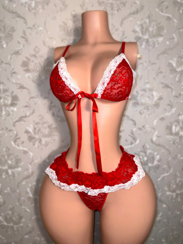 Sugar Baby Ruffle Trim 2 Piece Lace Bikini with Micro Skirt Thong