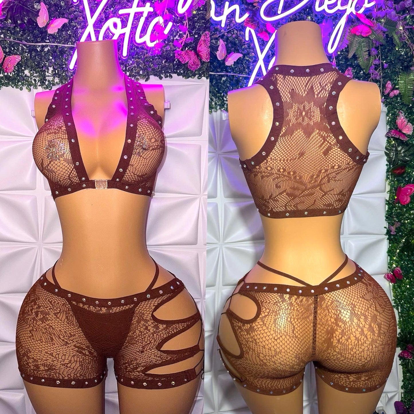 Ms. Daisy — 7 Different Colors! 3 Piece Lace Shorts Set and Thong with Rhinestones Fits S-XL
