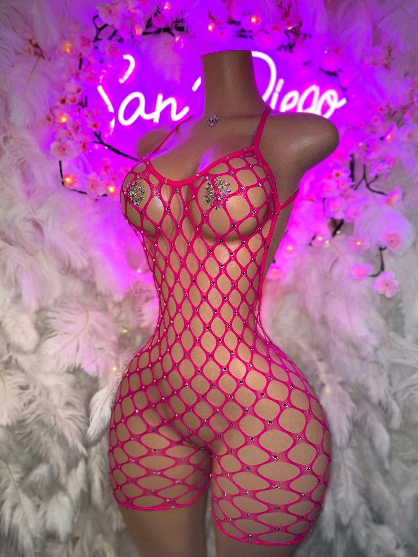 Apple Bottom Full Coverage Rhinestones Fishnet Romper Fits XS-M
