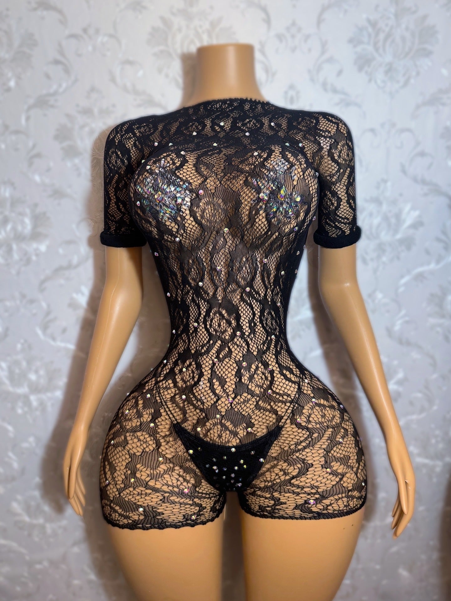 Suriyah — Rolled Sleeve Rhinestone Backless Fishnet Romper Fits XS-M