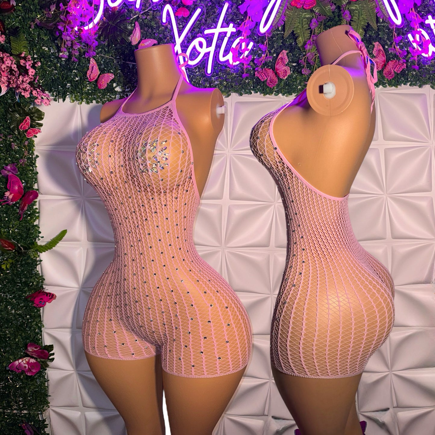 Serena Halter Fishnet Romper with Rhinestones Fits XS-XL