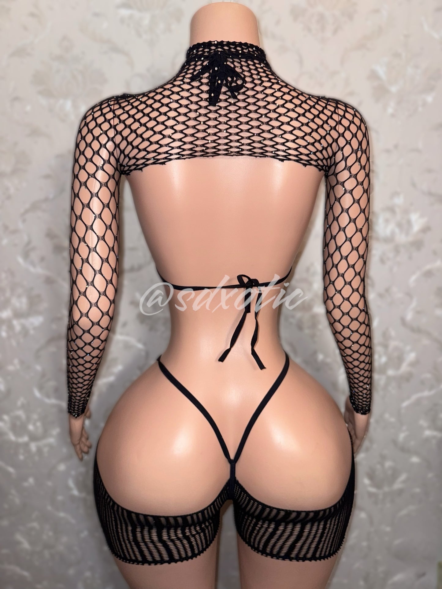 Rhinestone Meshkini 3 Piece Fishnet Bikini Set with Shawl Optional Cut-off Shorts Fits XS-L