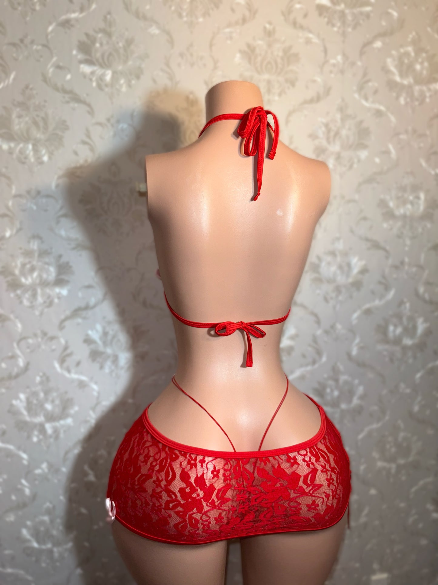 Cherry — Red 3 Piece Lace Skirt Set with Baby Pink Bows Fits XS-M