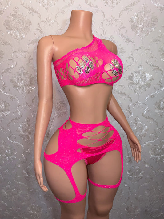 Kelsey Hot Pink Rhinestone Fishnet Chaps 2 Piece Optional Thong Fits S-L