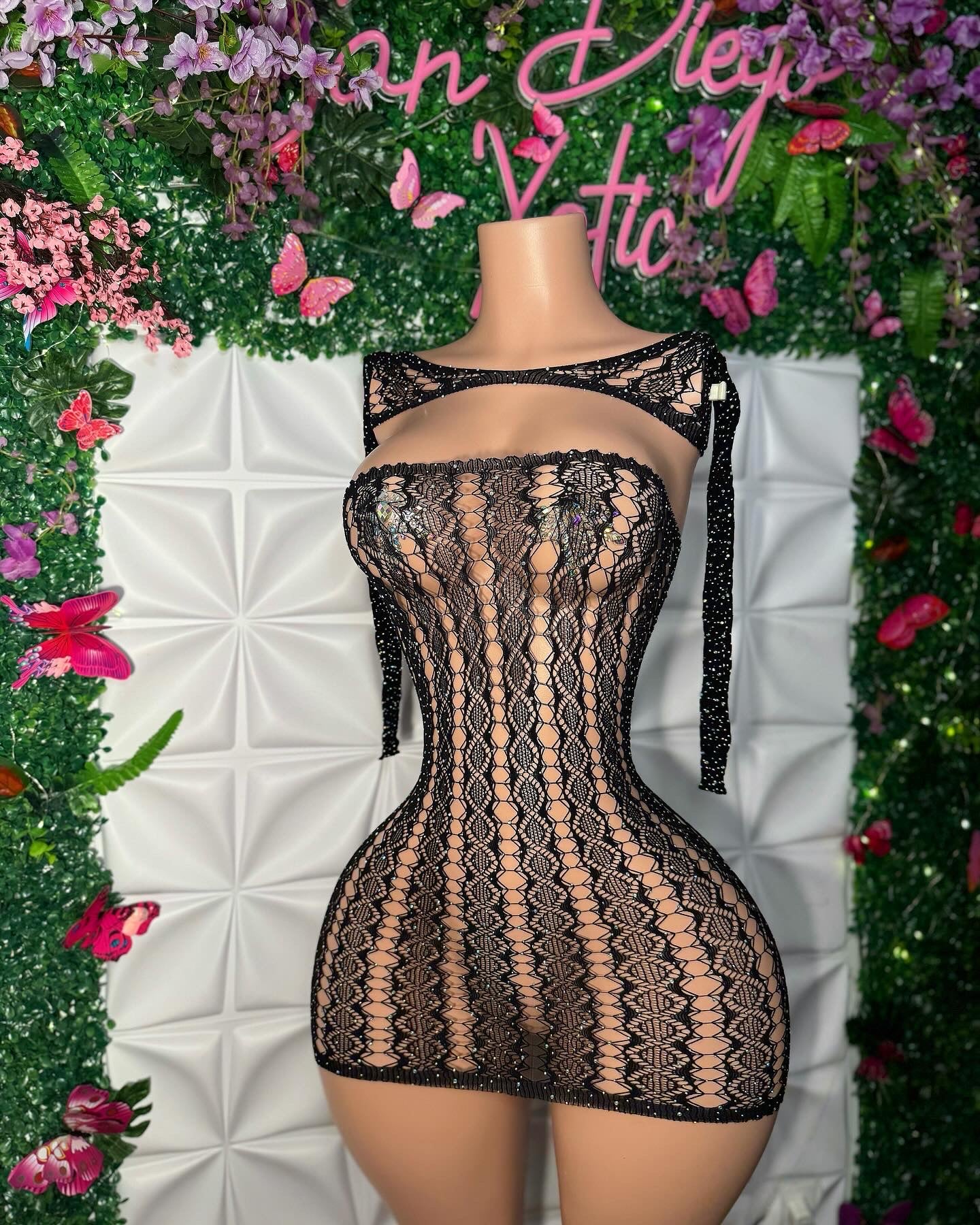 Lyrica — 2 Piece Lace Bedazzled Fishnet Dress & Long Sleeve Shawl Fits XS-L