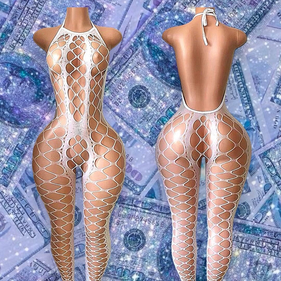 Giana Halter Fishnet Bodystocking with Rhinestones Fits XS-L