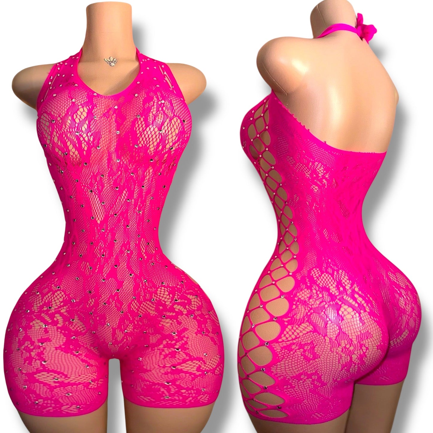 Layla — Halter Fishnet Romper with Rhinestones Fits XS-L