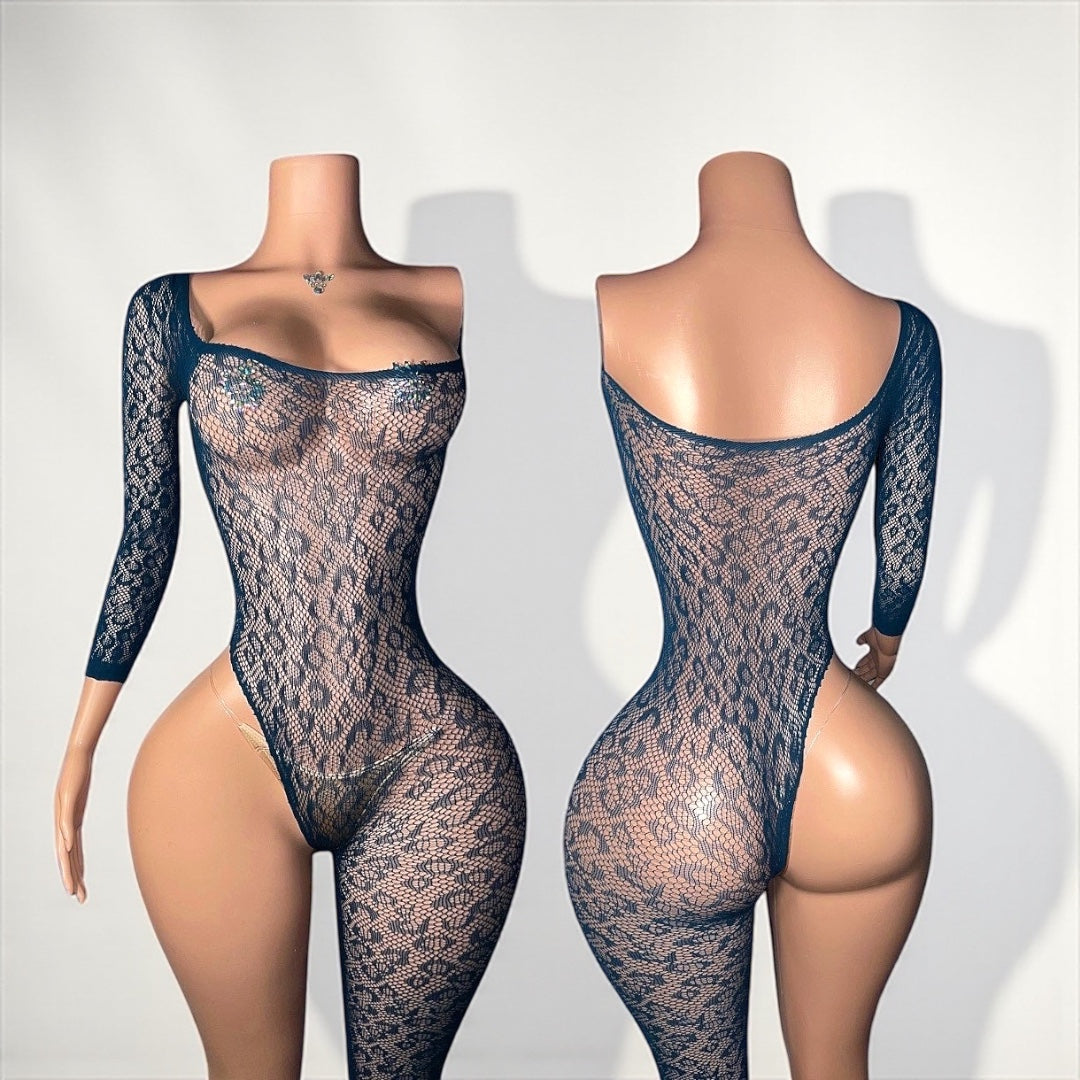 Bernice Cheetah Off Shoulder Fishnet Jumpsuit Fits XS-XL