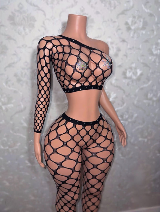 Stella Off Shoulder Fishnet Footed Legging Set Fits XS-S