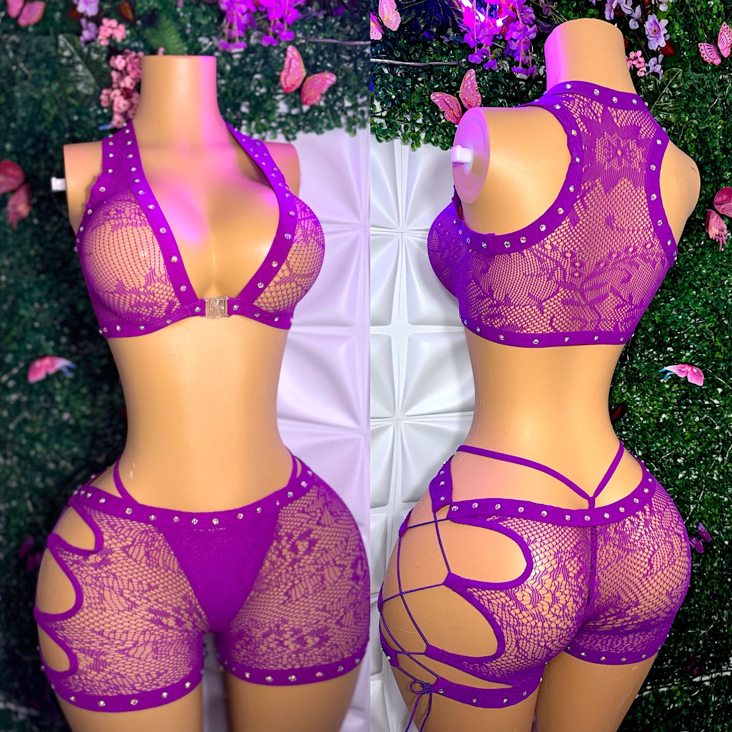 Ms. Daisy — 7 Different Colors! 3 Piece Lace Shorts Set and Thong with Rhinestones Fits S-XL