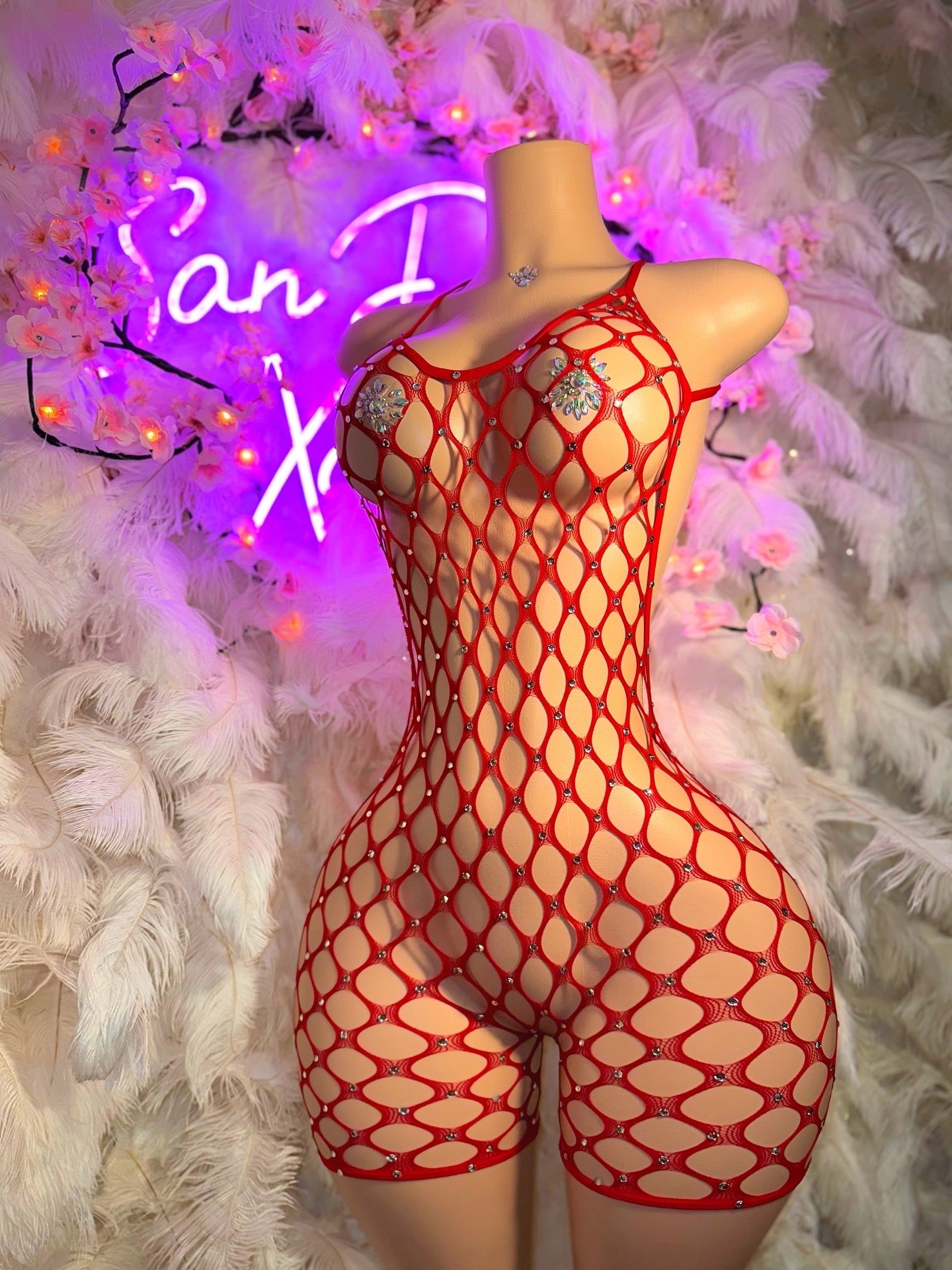 Apple Bottom — Full Coverage Rhinestones Fishnet Romper Fits XS-M