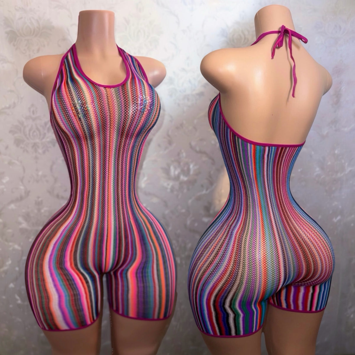 Onika Multicolor Halter Fishnet Romper Fits XS-XL