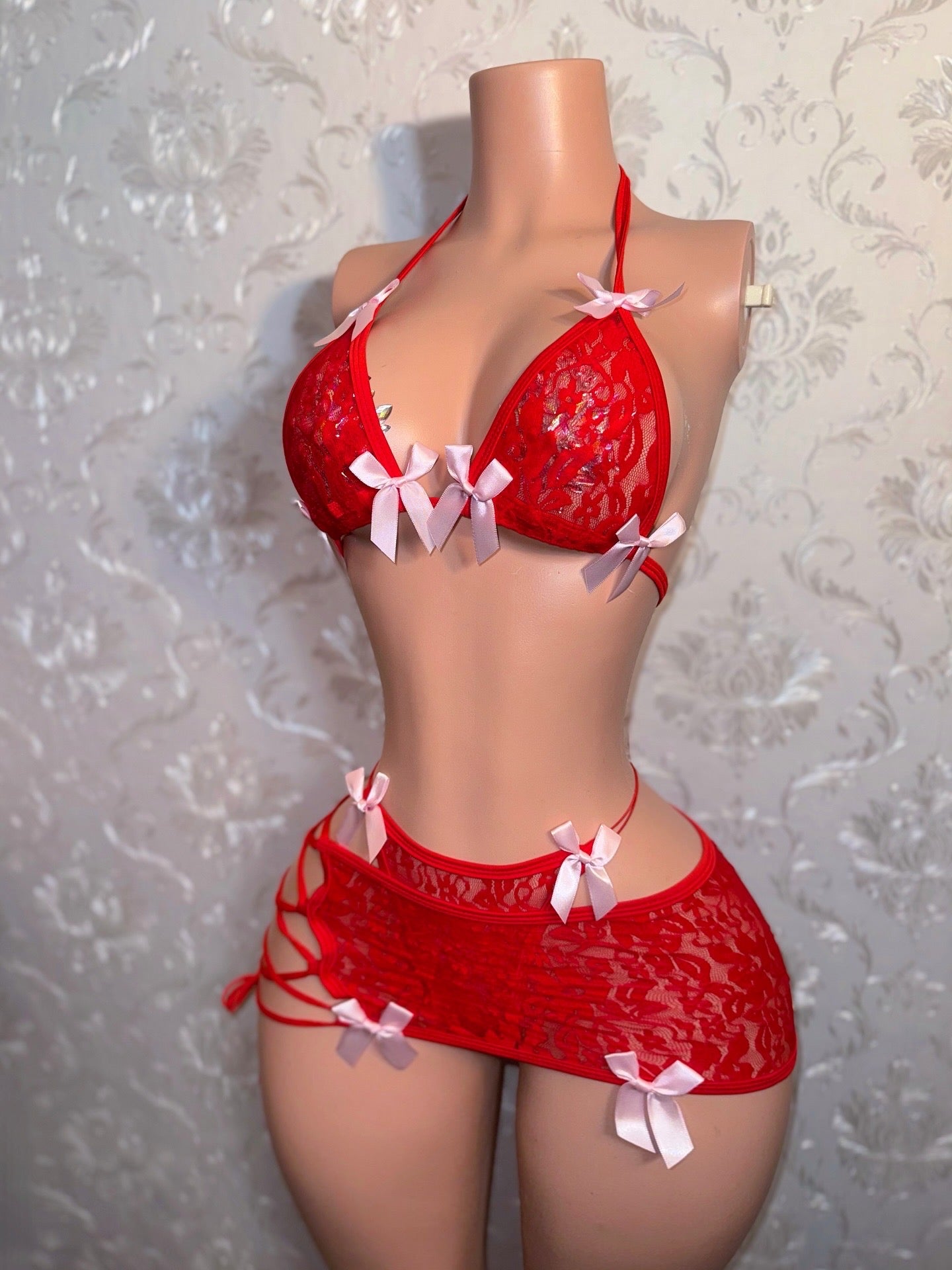 Cherry — Red 3 Piece Lace Skirt Set with Baby Pink Bows Fits XS-M