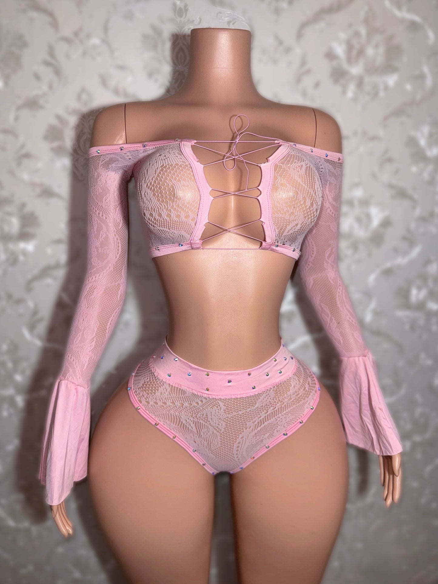 Carolina — High Waisted Fishnet Lace Set With Stones Fits S-L