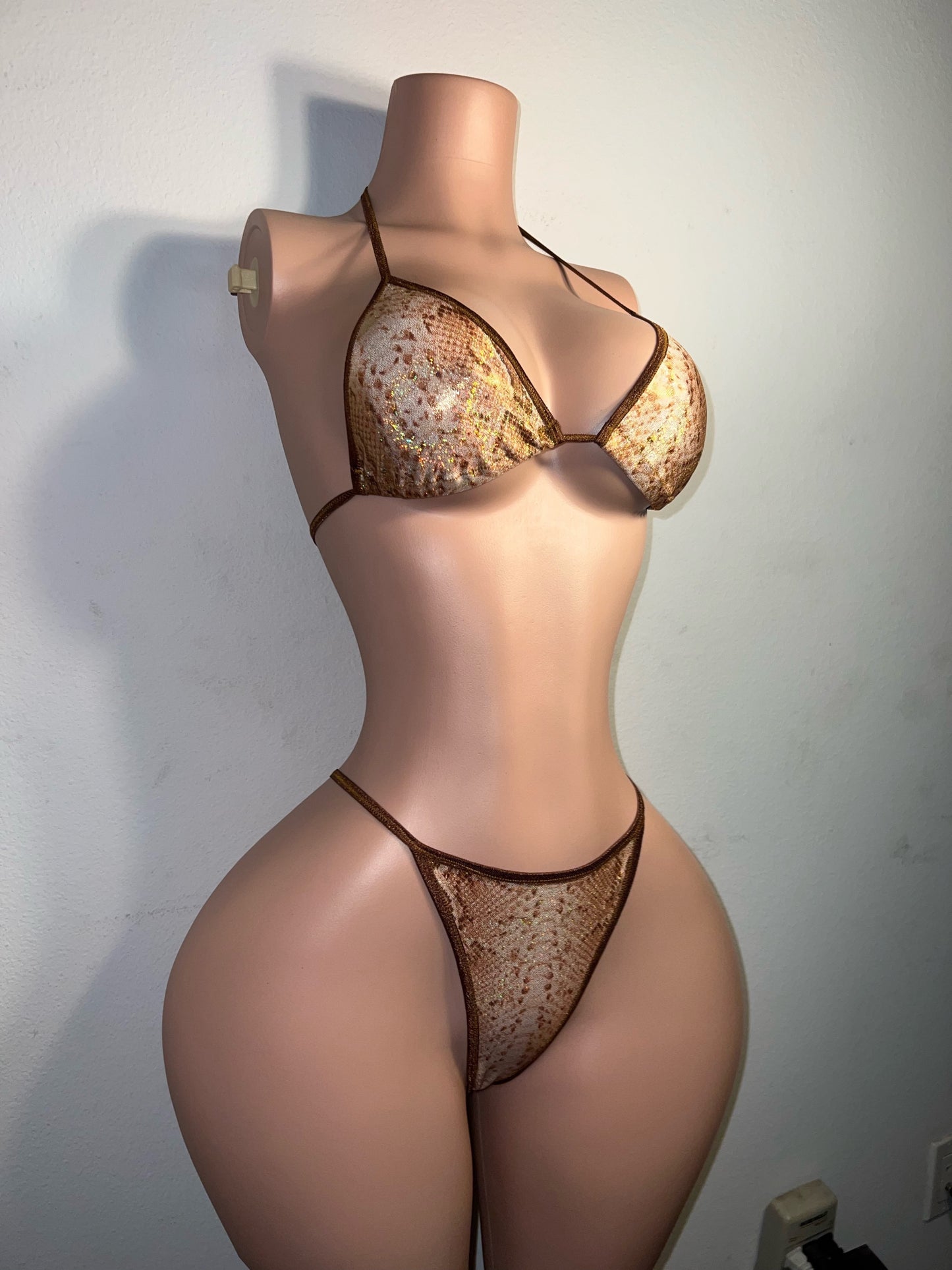 Better in Brown Champagne Gold Snakeskin Bikini with Stones