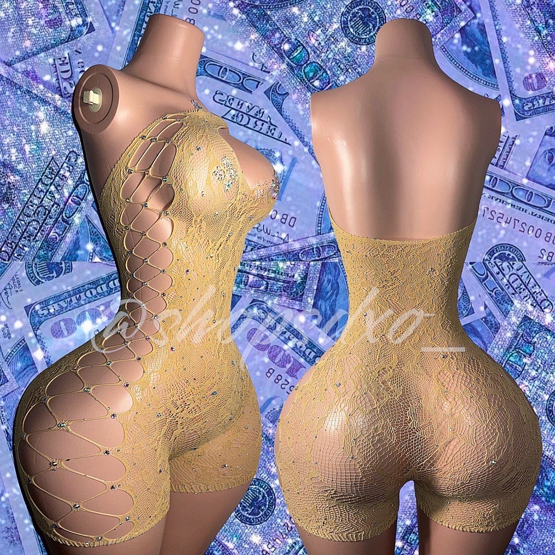 Milkshake Bedazzled Fishnet Romper Fits XS-XL