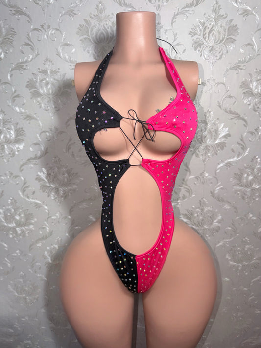 Harlie Two Tone One Piece + Cut Off Fishnets Set Fits XS-L