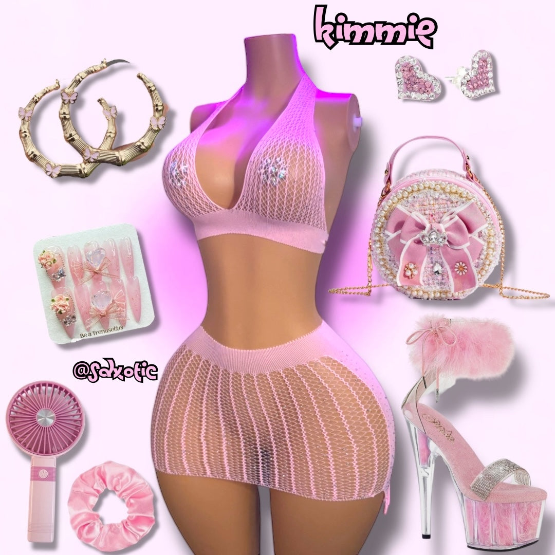 Kimmie — Glittery Fishnet Halter Top and Skirt Set Fits XS-M