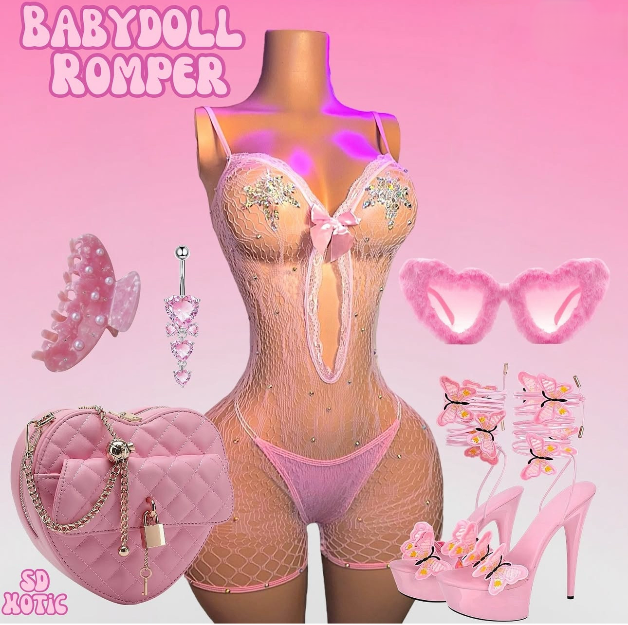 Babydoll Diamond Lace Fishnet Romper Fits XS-L