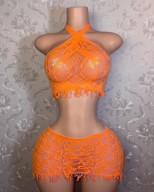 Amber Fringe Fishnet Skirt Set Fits XS-L