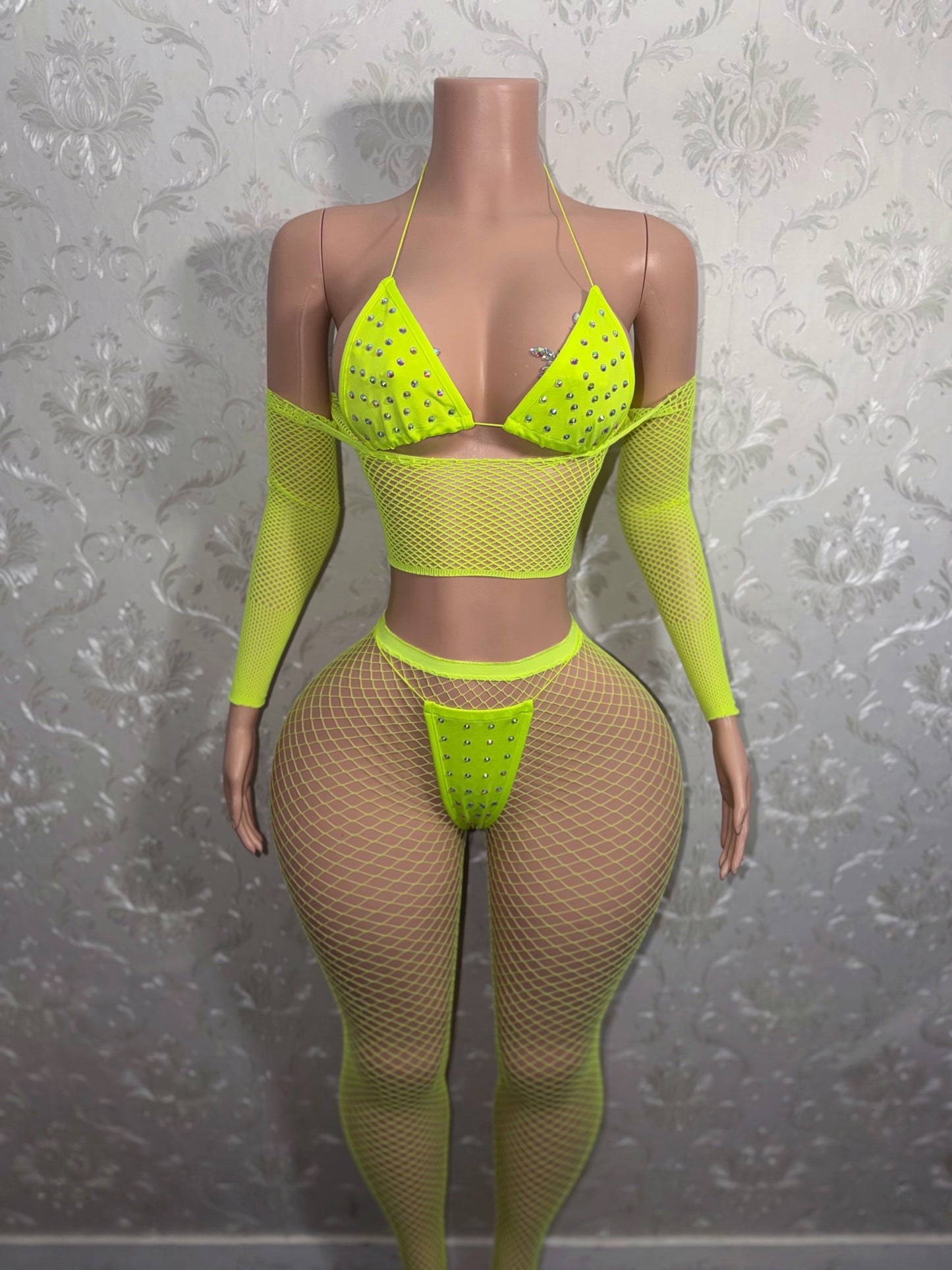 Electric Yellow Bikini and Fishnet Legging Set Fits XS-M