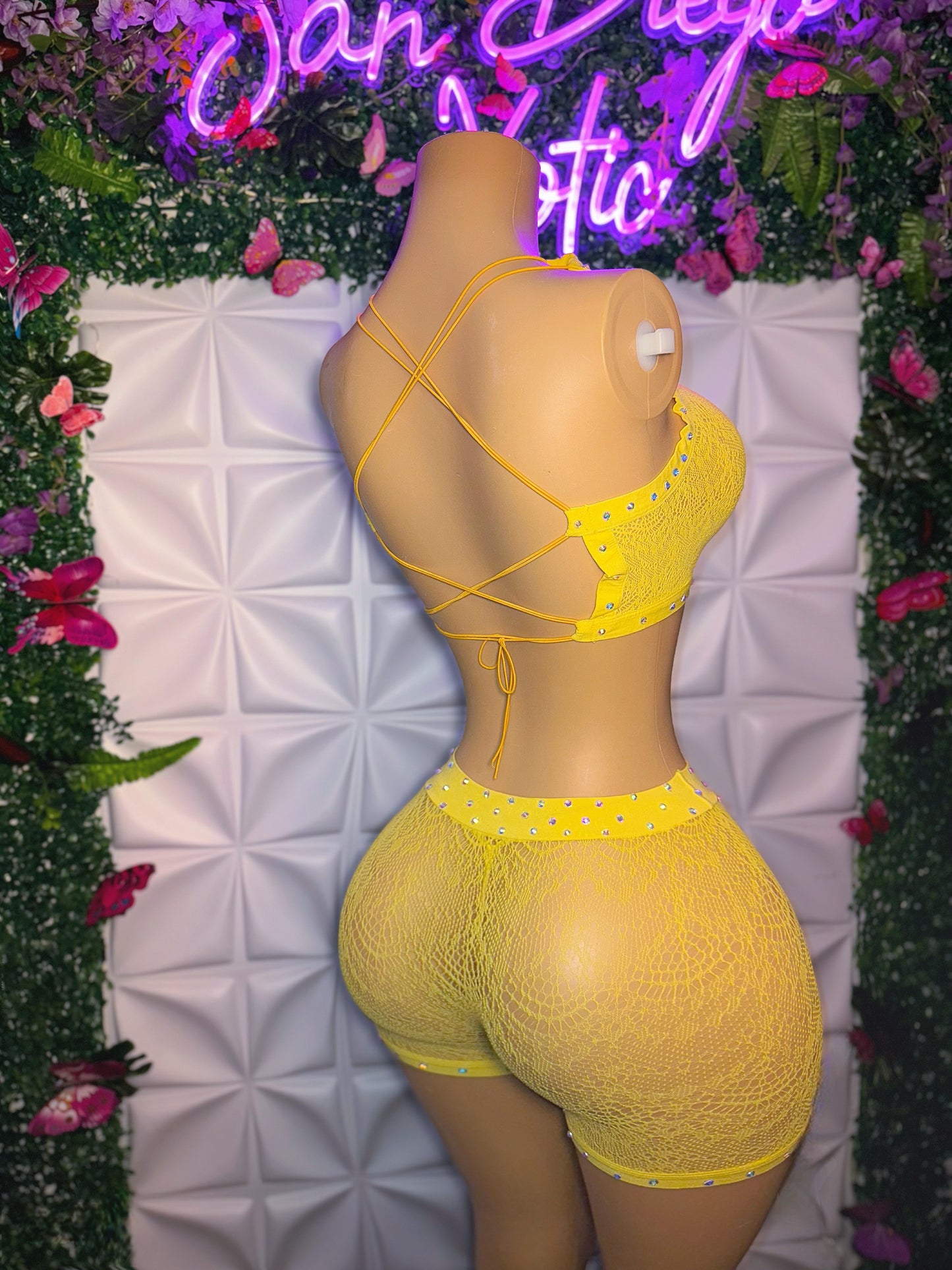 Showstopper 3 Piece Fishnet Shorts Matching Set with Thong Fits XS-L