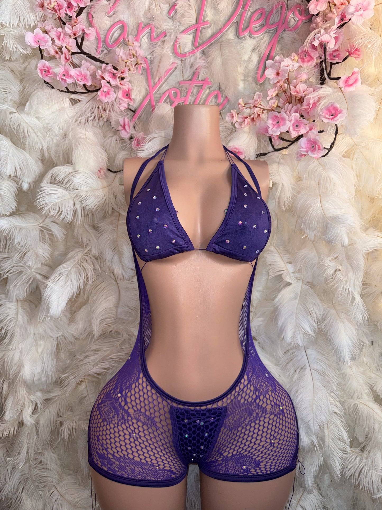 Plain Jane Stoned 3 Piece Bikini and Hammock Fishnet Overalls Set Fits XS-L