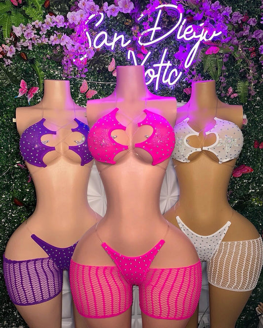 Riyah Diamond Studded Mesh Kini 3 Piece Set
