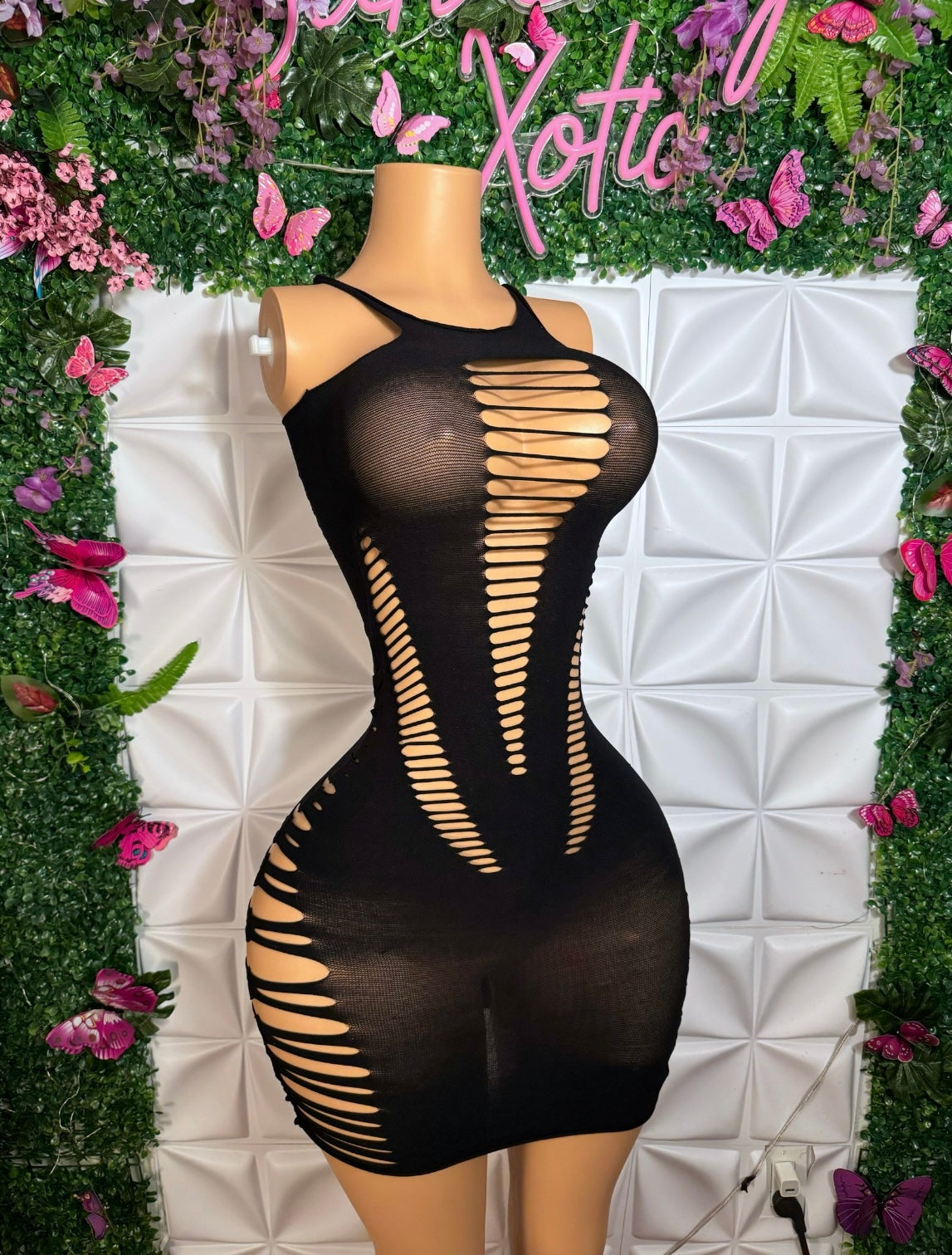 Slit Mesh Dress with Ribbed Back One Size Fits All