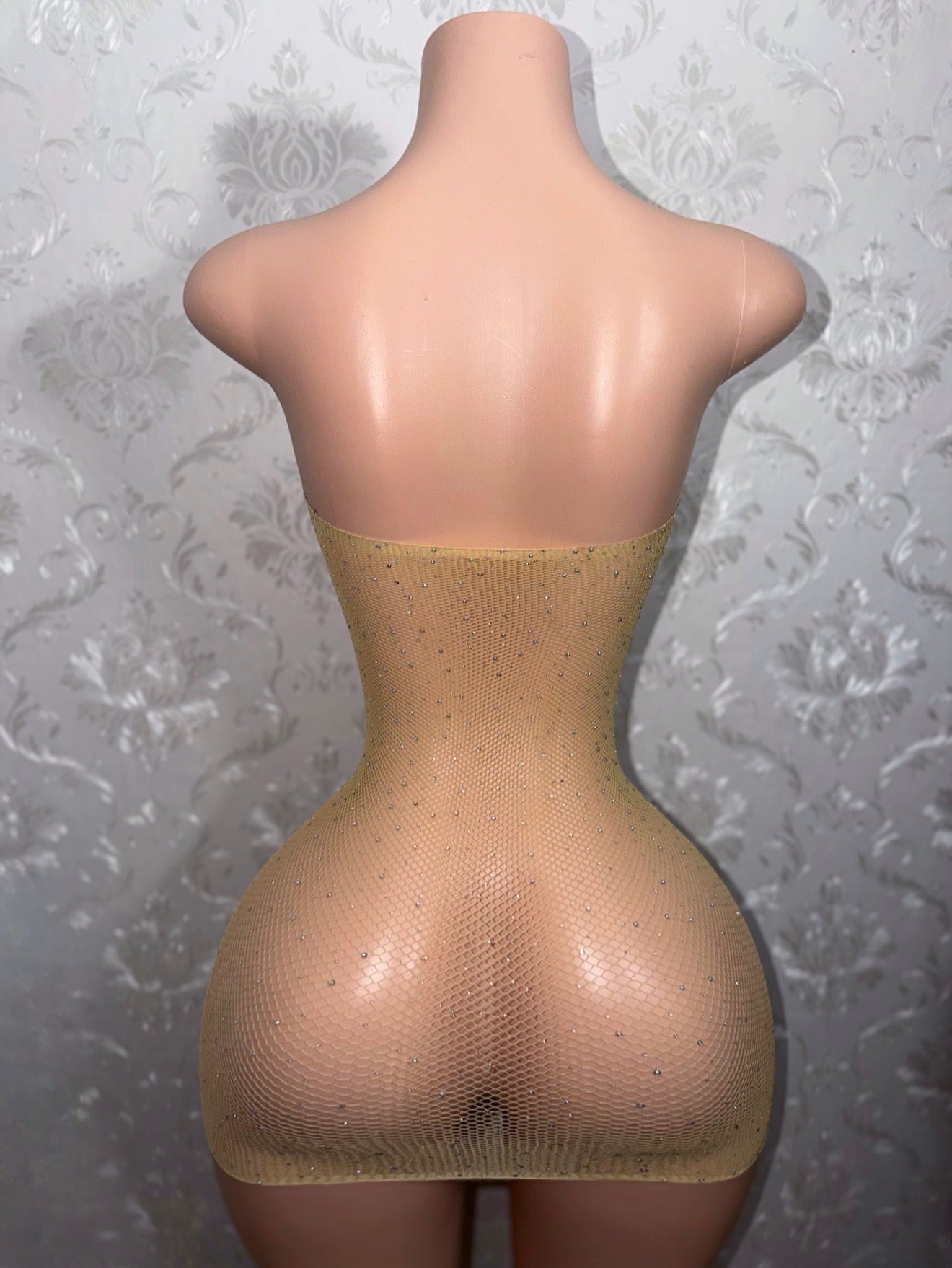 Diamond District Strapless Nude Fishnet Bodycon Dress Fits XS-L