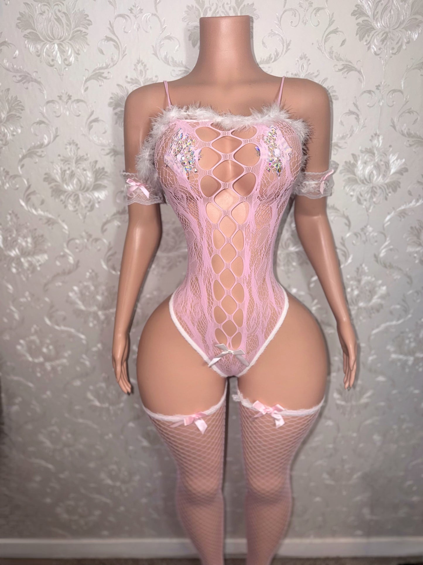 Sugar Plum 3 Piece Lace Set Includes Stockings, Cuffs & Bunny Ears Fits XS-M