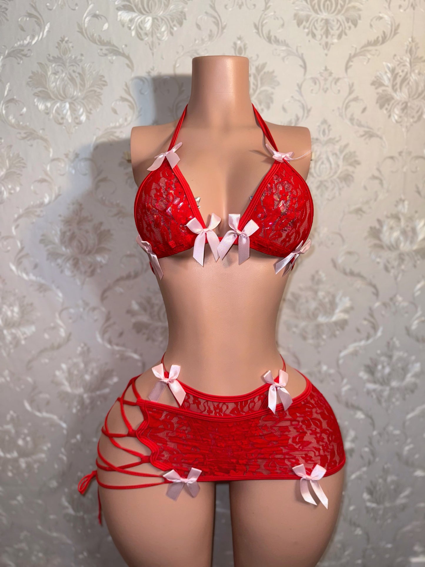 Cherry — Red 3 Piece Lace Skirt Set with Baby Pink Bows Fits XS-M