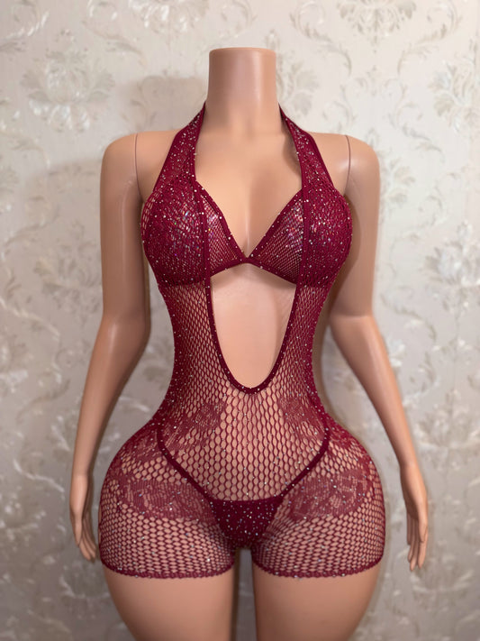 Mean Girl Rhinestone 3 Piece Fishnet Romper Bikini Set Fits XS-L