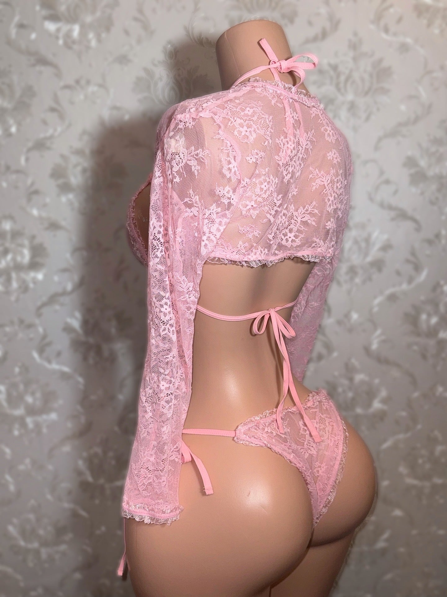 Garden Nympho — Baby Pink Lace 3 Piece Bikini & Shawl Set