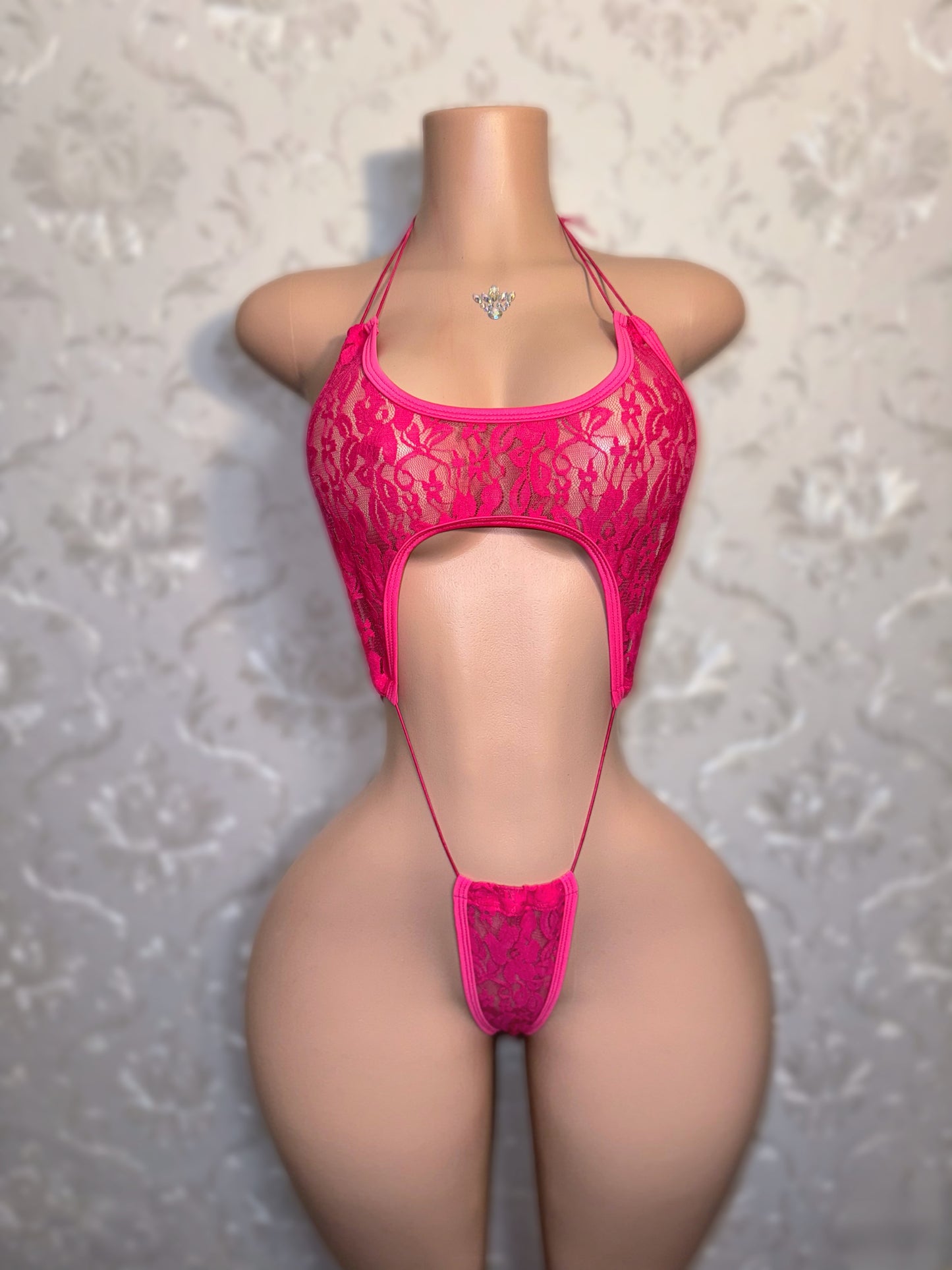 Sashay — Hot Pink Lace Slingshot Fits XS-M