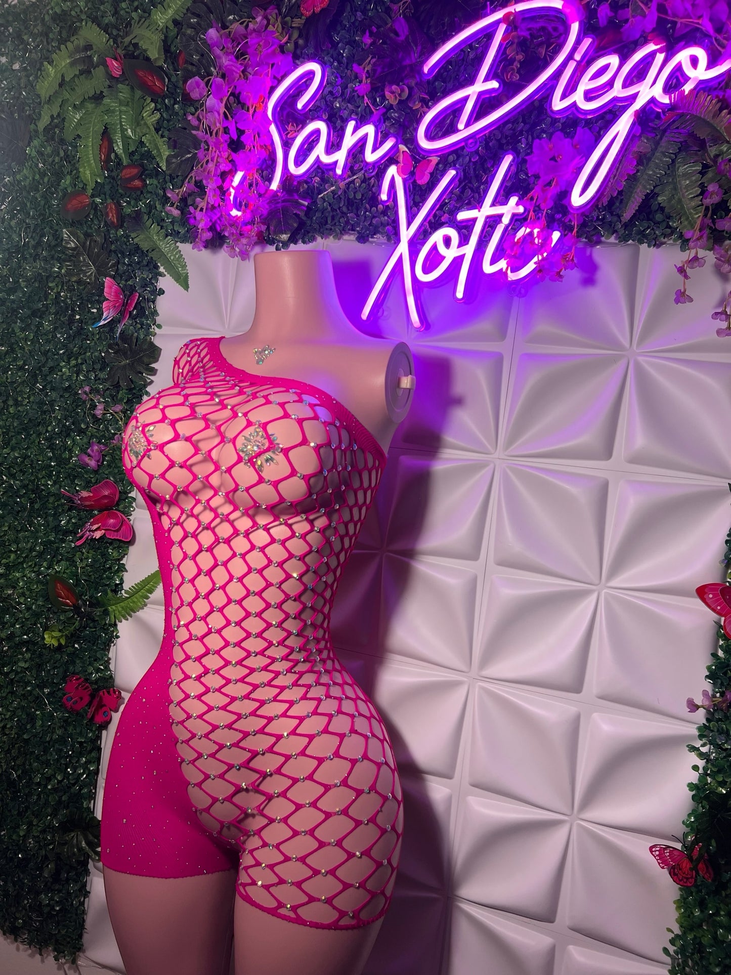Holiday — Birthday Suit Bedazzled Romper Asymmetrical Fishnet Fits XS-L Optional Extra Stones
